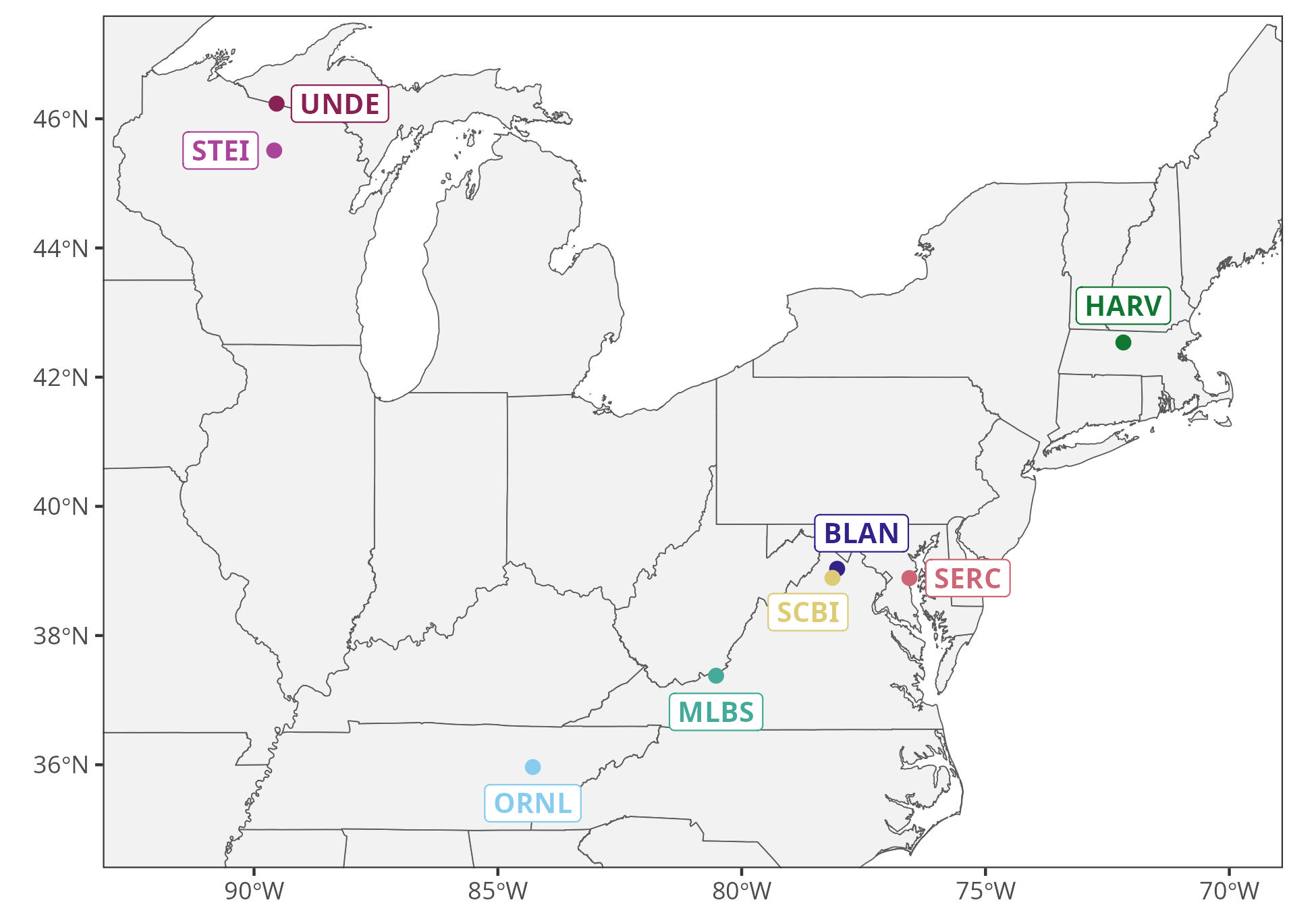 Upper northeast terrestrial NEON site locations used for this project.